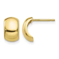 Pair of polished gold-toned chunky curved rectangular earrings with post backs, shown from front and side views.