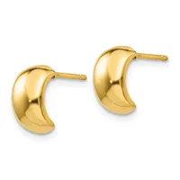 A pair of polished gold curved crescent-shaped stud earrings with posts and backs, displayed against a white background.