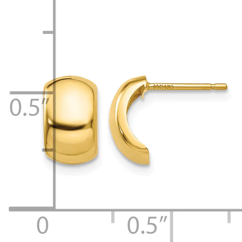 Polished gold-toned curved half-hoop earrings with post backs, shown next to a measurement scale indicating approximately half-inch dimensions.