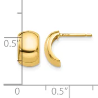 Polished gold-toned curved half-hoop earrings with post backs, shown next to a measurement scale indicating approximately half-inch dimensions.
