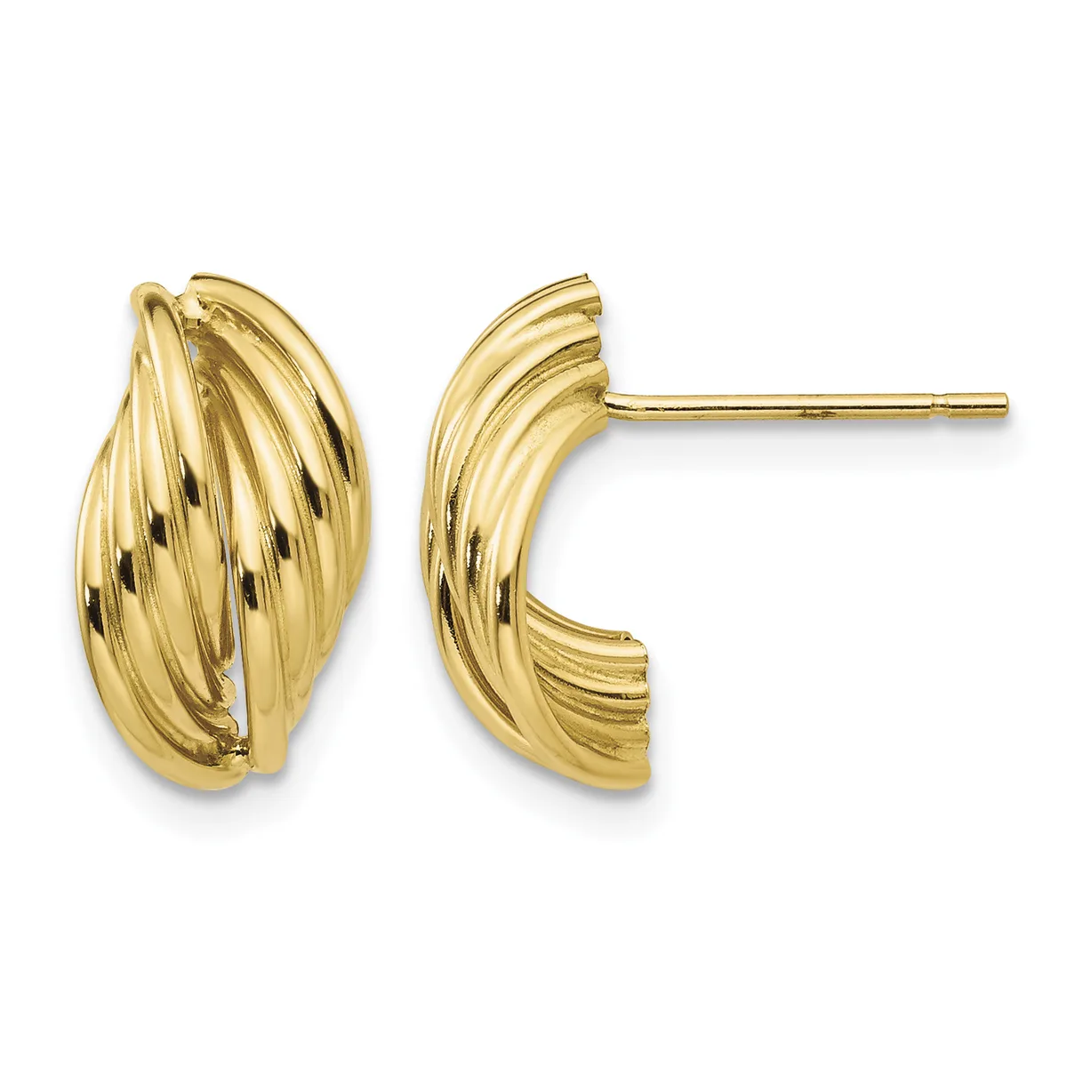 A pair of polished gold curved hoop earrings with ribbed texture detail, shown from front and side views with post backings.