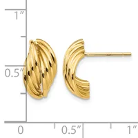 Pair of polished gold curved post earrings with ribbed texture, shown next to a ruler measuring approximately 0.5 inches in width.