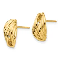 Pair of gold twisted hoop earrings with stud posts, displayed against a white background.