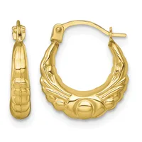 Pair of gold hoop earrings with textured puffy design and hinged post backs, shown from front and side views.