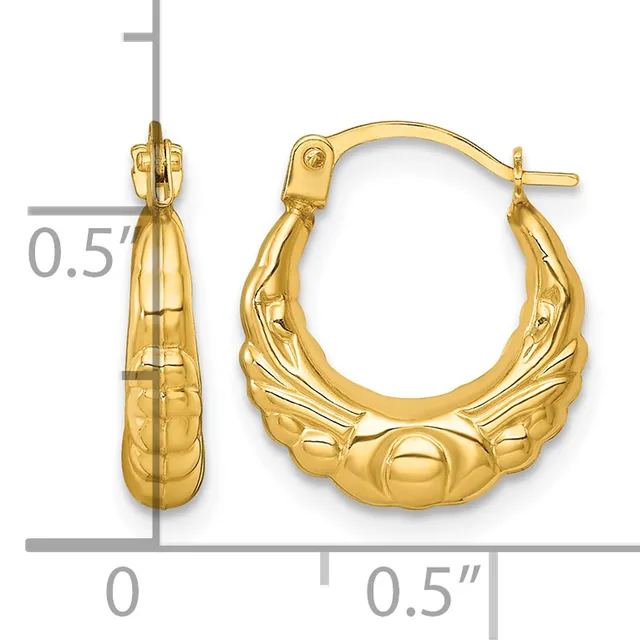 Pair of gold hoop earrings with textured surface and decorative beaded design, shown from front and side views with measurement scale.