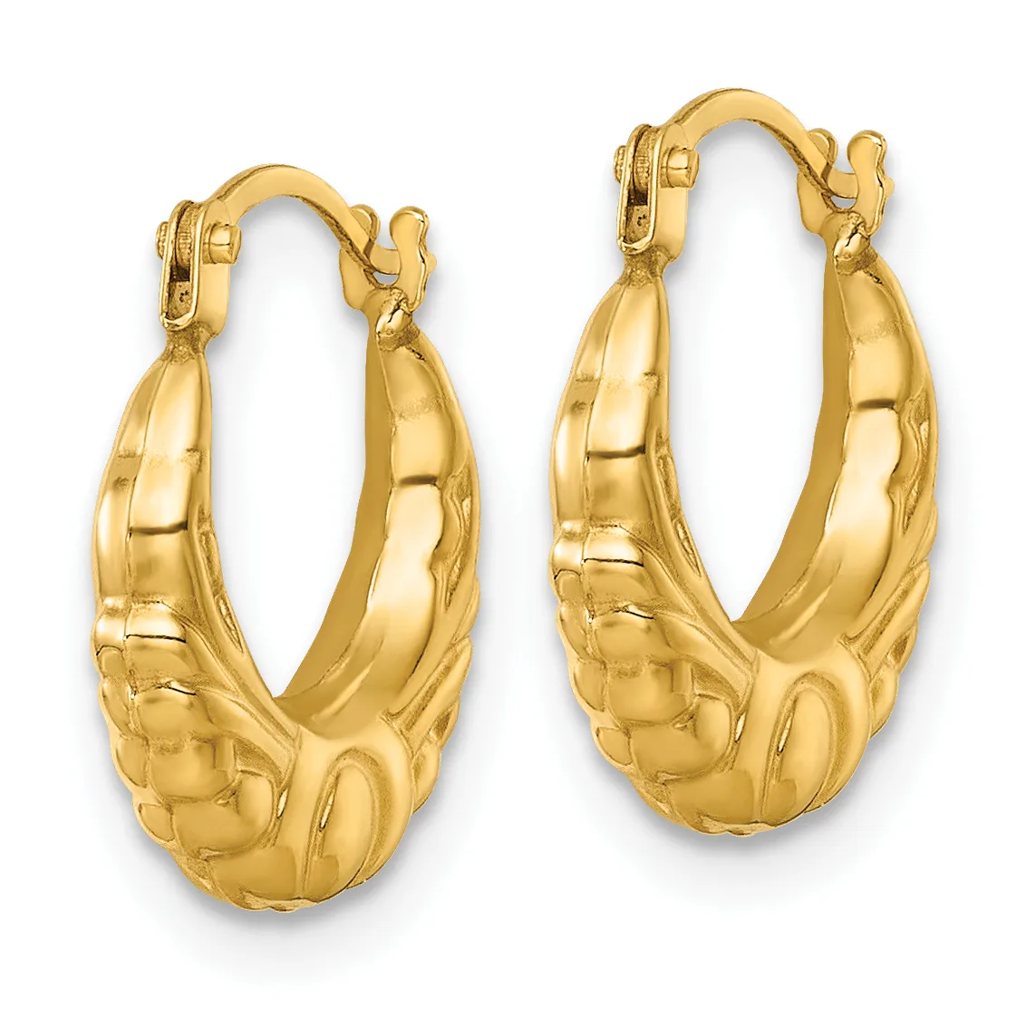 A pair of gold hoop earrings with a textured quilted pattern and polished finish, shown against a white background.