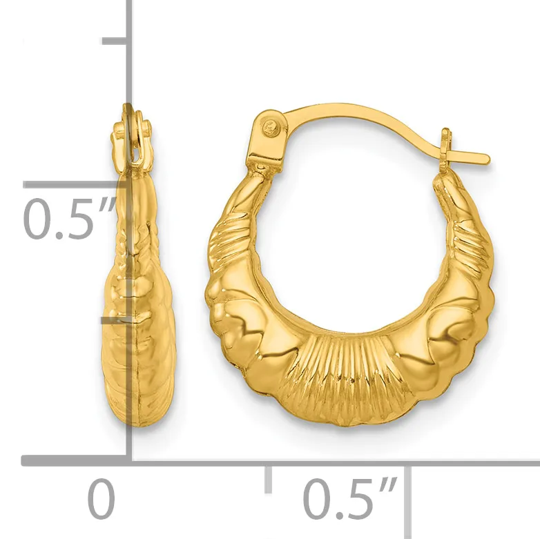 Pair of gold hoop earrings with textured shell-like design and post backs, shown front and side view with measurement scale indicating approximately half-inch diameter.