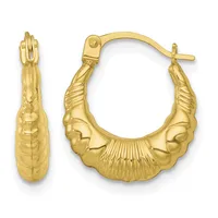 Pair of gold hoop earrings with decorative textured detailing featuring shell and leaf motifs, shown from front and side views.