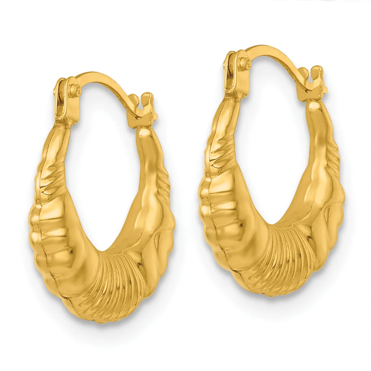 Pair of gold hoop earrings with textured ribbed details on the lower half and polished upper sections, shown against a white background.