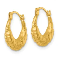 Pair of gold hoop earrings with textured ribbed details on the lower half and polished upper sections, shown against a white background.