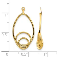 Two gold-toned teardrop-shaped earring charms with nested oval loops, shown front and side view against a measurement scale.