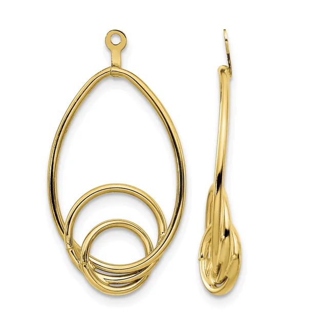 A pair of gold teardrop-shaped dangle earrings with nested oval cutouts, shown from front and side views.