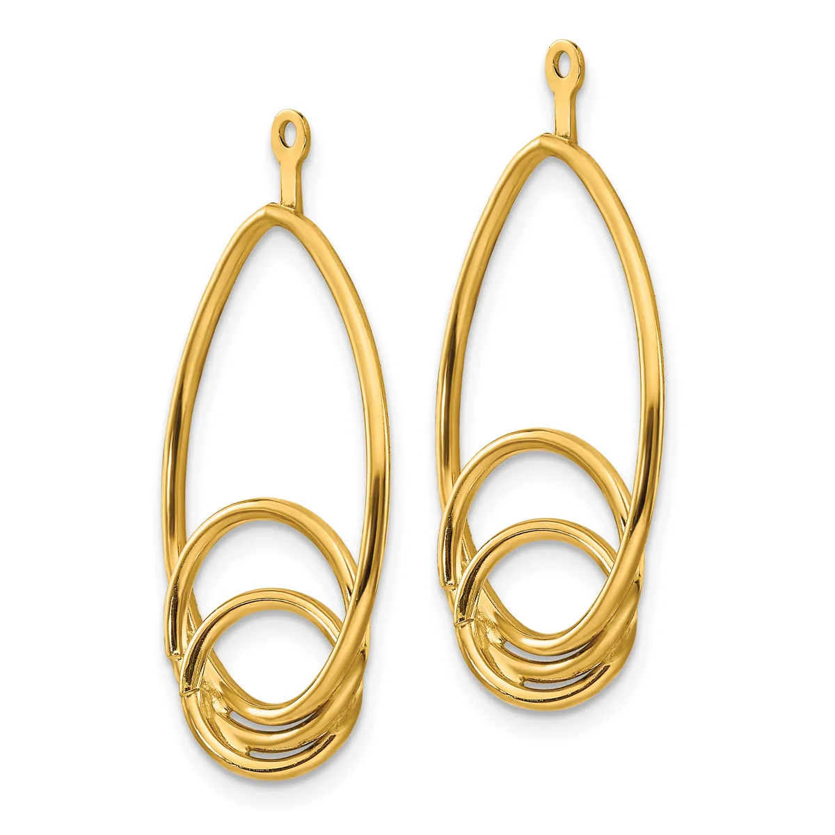 Pair of gold-colored elongated teardrop earring charms with looped tops and nested oval rings at the bottom.