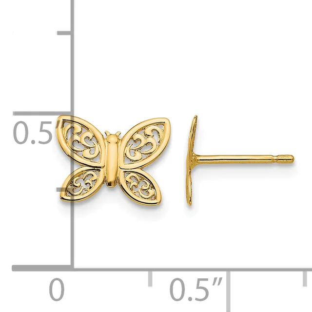 Gold butterfly stud earrings with filigree-patterned wings shown next to a measurement ruler indicating approximately 0.5 inches in width.