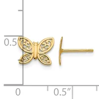 Gold butterfly stud earrings with filigree-patterned wings shown next to a measurement ruler indicating approximately 0.5 inches in width.