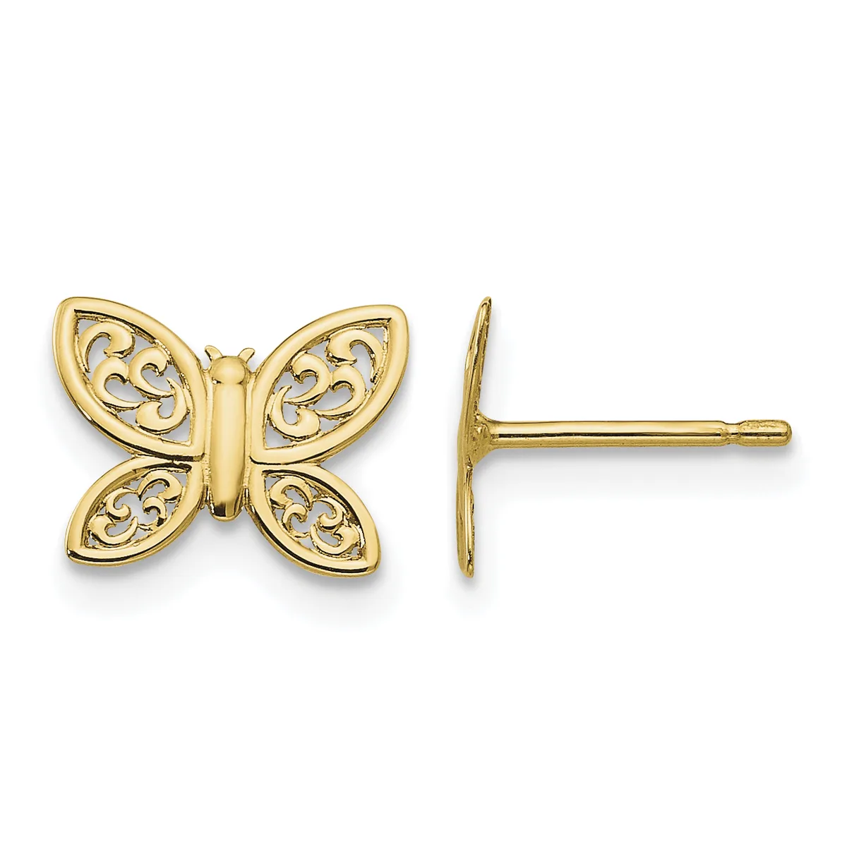 A pair of gold butterfly stud earrings with ornate filigree detailing on the wings, shown from front and side views.