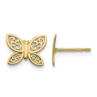 A pair of gold butterfly stud earrings with ornate filigree detailing on the wings, shown from front and side views.