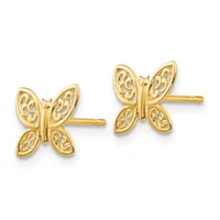 A pair of gold butterfly stud earrings with filigree detailing on the wings and gold posts, shown from the front.