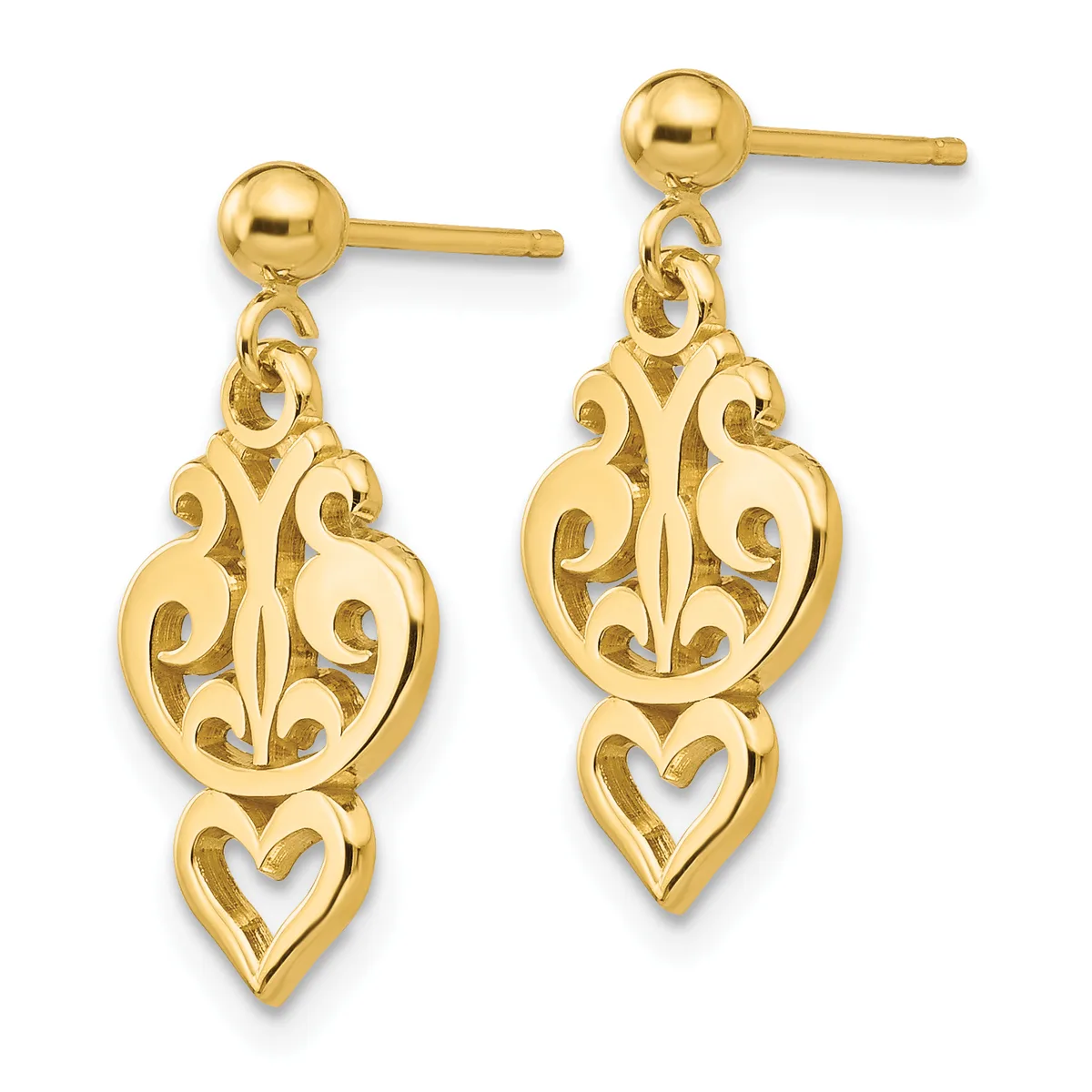 Pair of gold dangle earrings with ornate filigree oval tops and heart-shaped bottoms, shown against a white background.