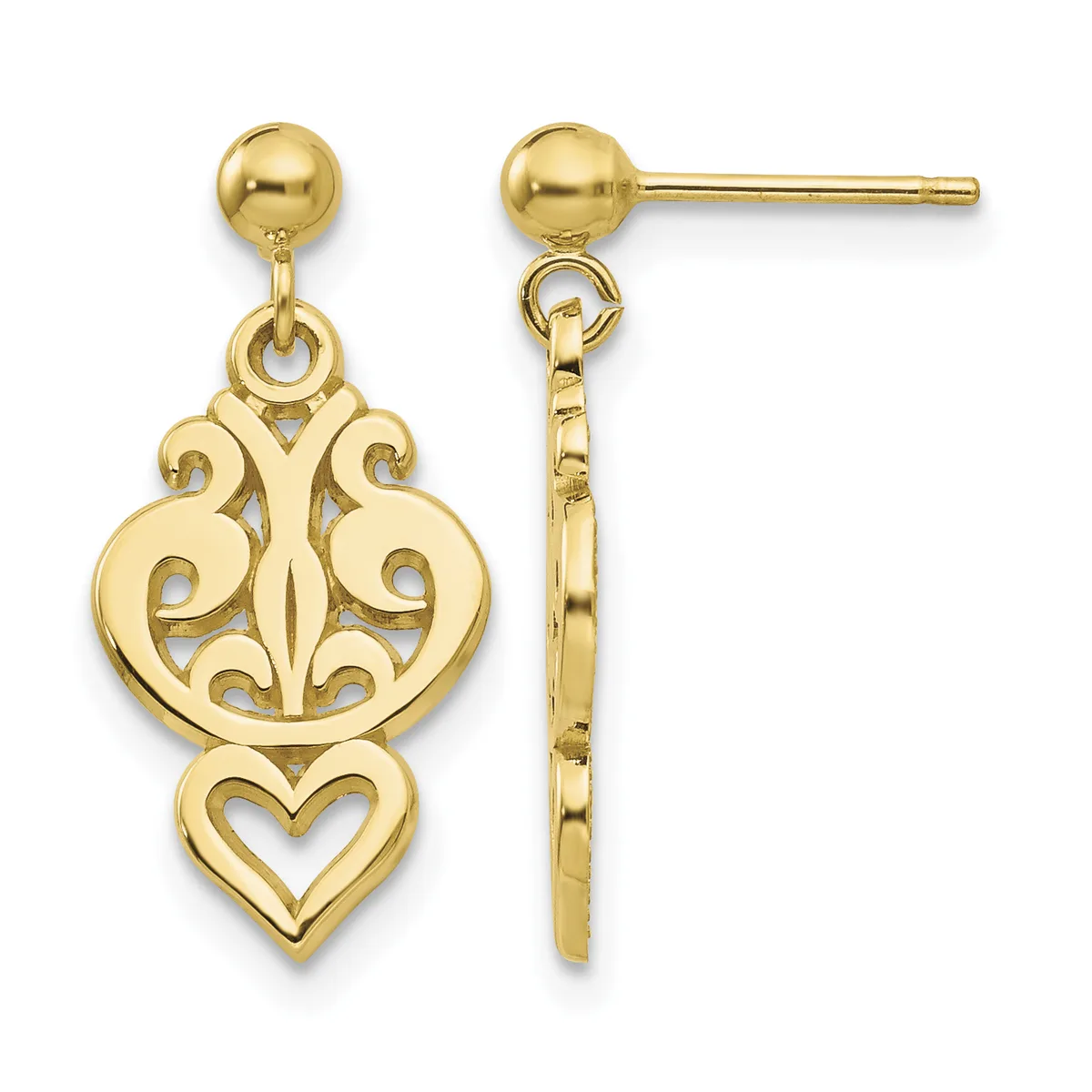 Pair of gold drop earrings with ball studs featuring ornate filigree designs including scrollwork and a heart shape at the bottom.