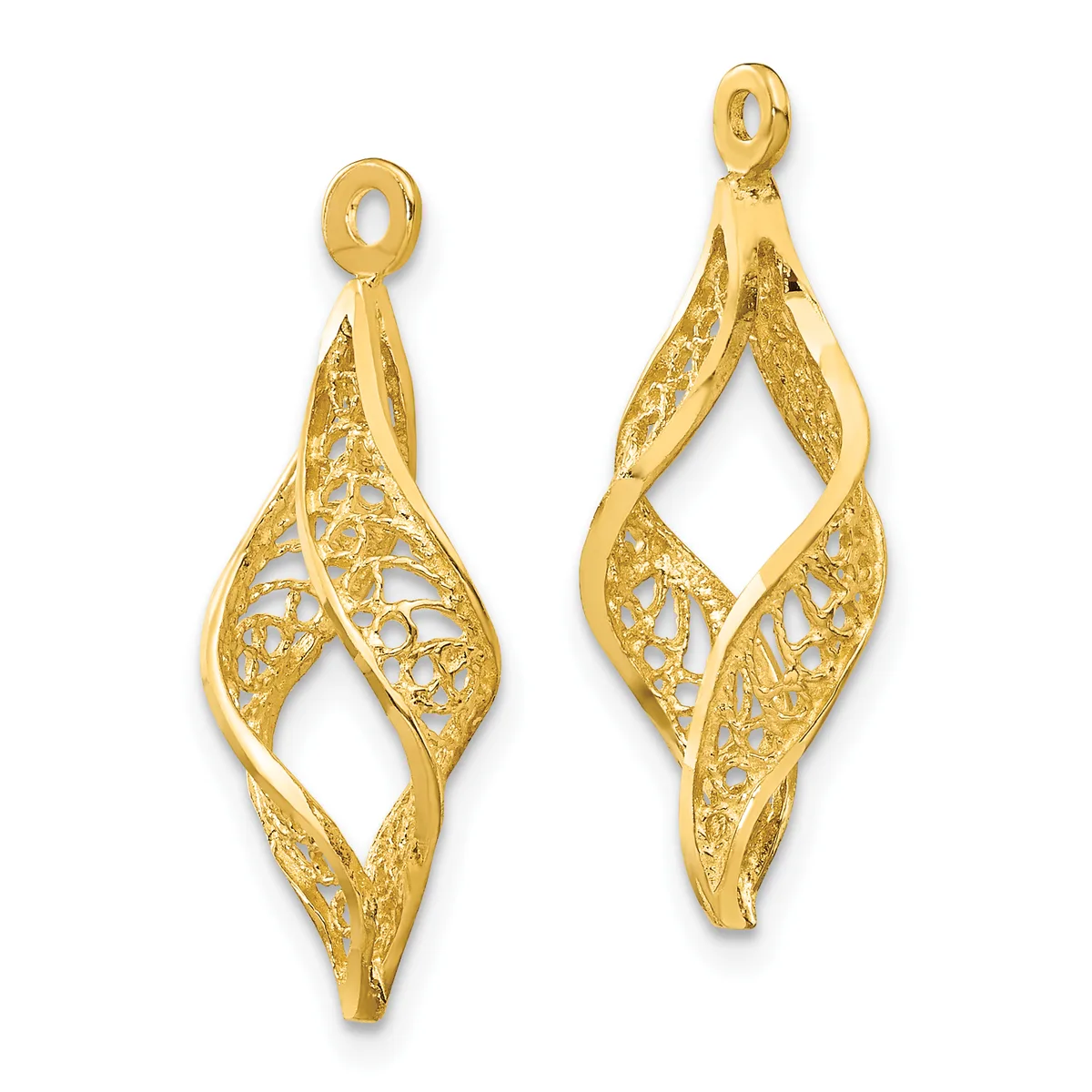 Two gold filigree leaf-shaped pendant charms with twisted spiral cutout details and attached loops, shown front and back views.