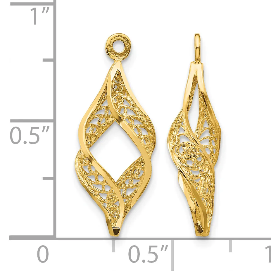 Two gold filigree teardrop-shaped pendants with twisted vine patterns and loops at the top, shown next to a ruler measuring approximately one inch in length.