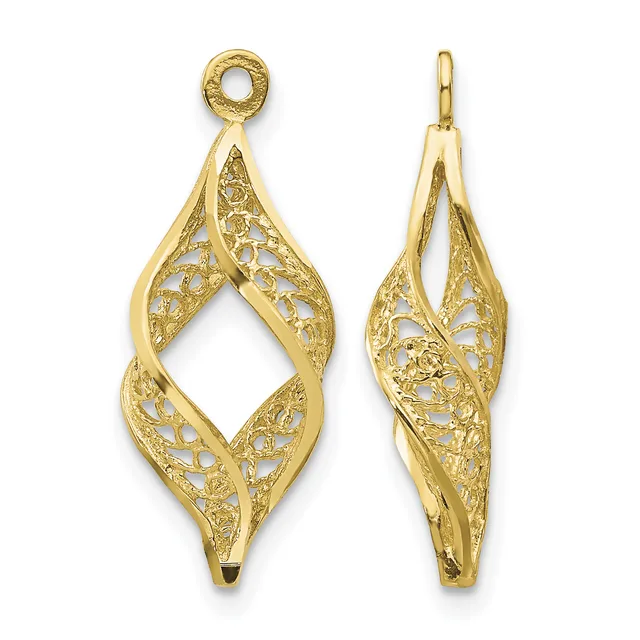 Two gold filigree leaf-shaped pendant charms with open cutwork design and loops at the top, shown from front and back views.