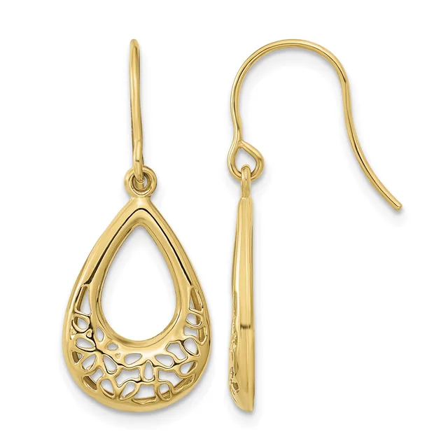 A pair of gold teardrop-shaped dangle earrings with openwork filigree detailing, shown from front and side views on French wire hooks.