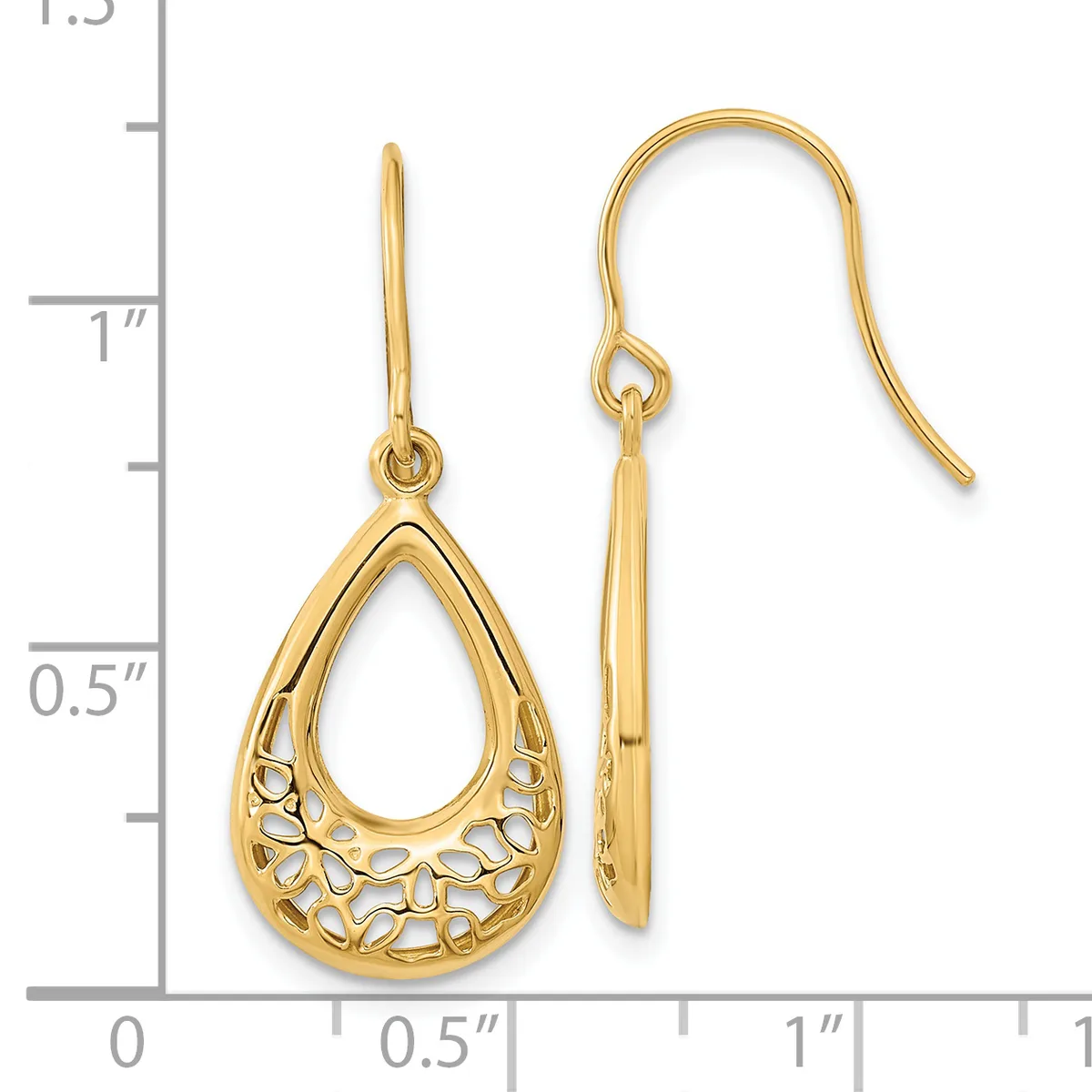Pair of gold teardrop earrings with filigree cutout detailing, shown next to a measurement scale indicating approximately one inch in length.