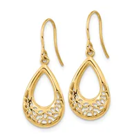 Pair of gold teardrop earrings with ornate filigree detailing on the lower half and hook-style ear wires.