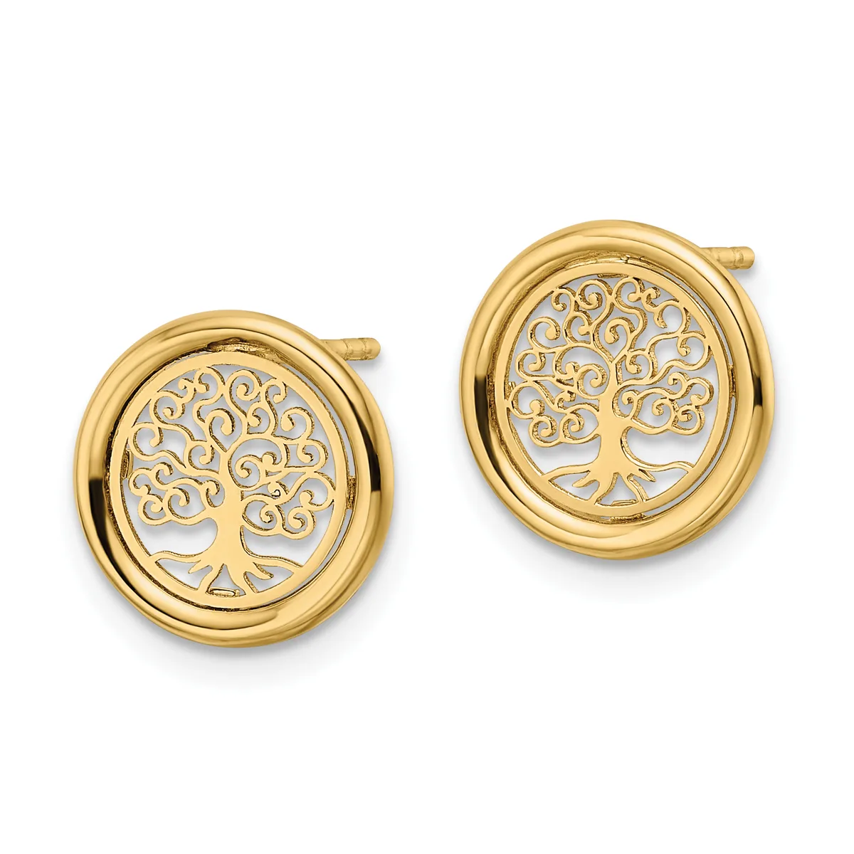 Pair of gold-toned stud earrings with oval frames containing cutout tree of life designs, shown from the front against a white background.