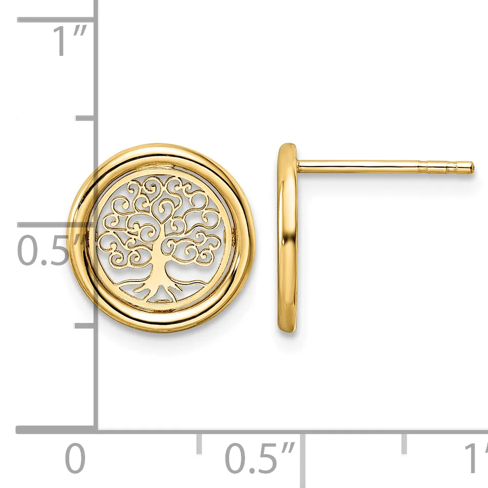 Gold-tone circular stud earrings featuring a tree of life design in the center, shown front and side view with measurement scale.