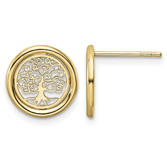 Pair of gold stud earrings featuring circular tree of life design with decorative scrollwork, shown from front and side views.