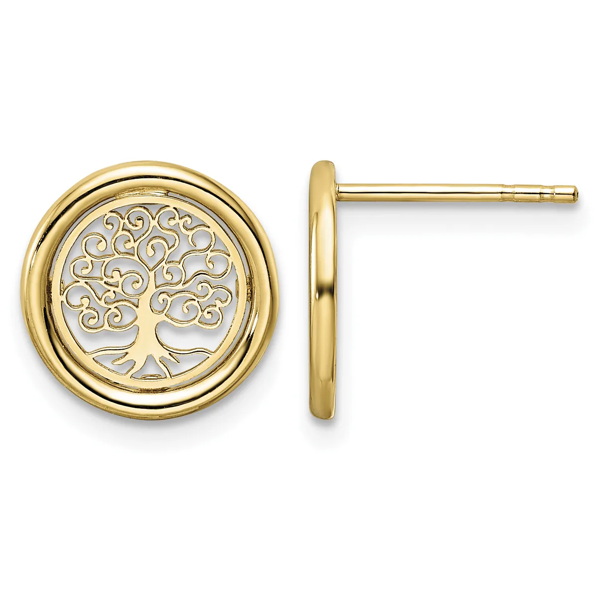 Pair of gold stud earrings featuring circular tree of life design with decorative scrollwork, shown from front and side views.