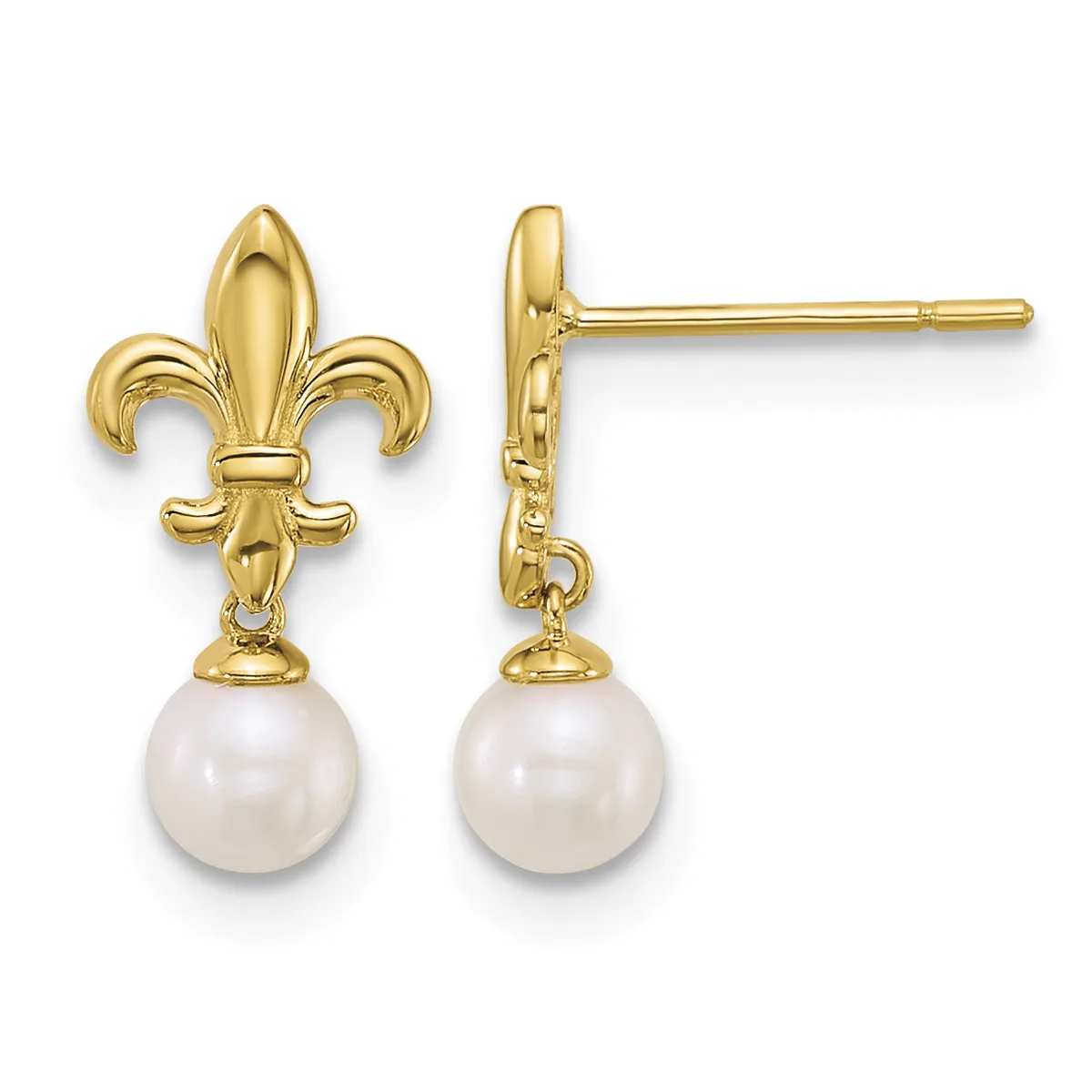A pair of gold fleur-de-lis stud earrings with white pearl drops, shown from front and side views.