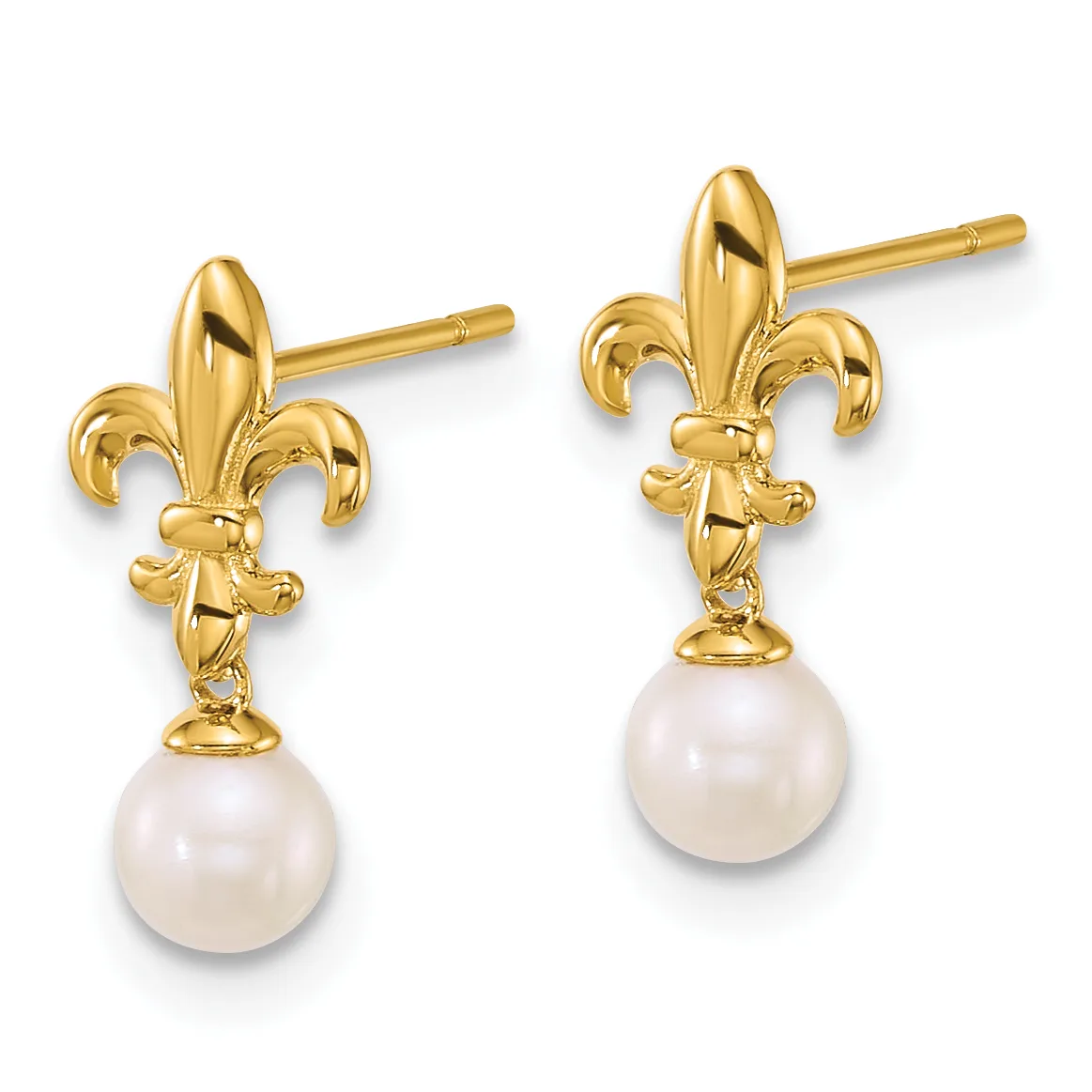 A pair of gold fleur-de-lis stud earrings with white pearl drops, displayed against a white background.