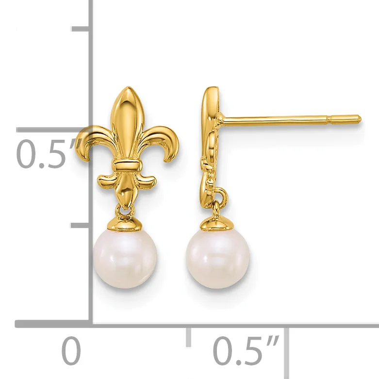 Pair of gold fleur-de-lis stud earrings with white pearl drops, shown next to a measurement scale indicating approximately half an inch in height.