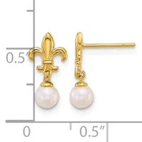 Pair of gold fleur-de-lis stud earrings with white pearl drops, shown next to a measurement scale indicating approximately half an inch in height.
