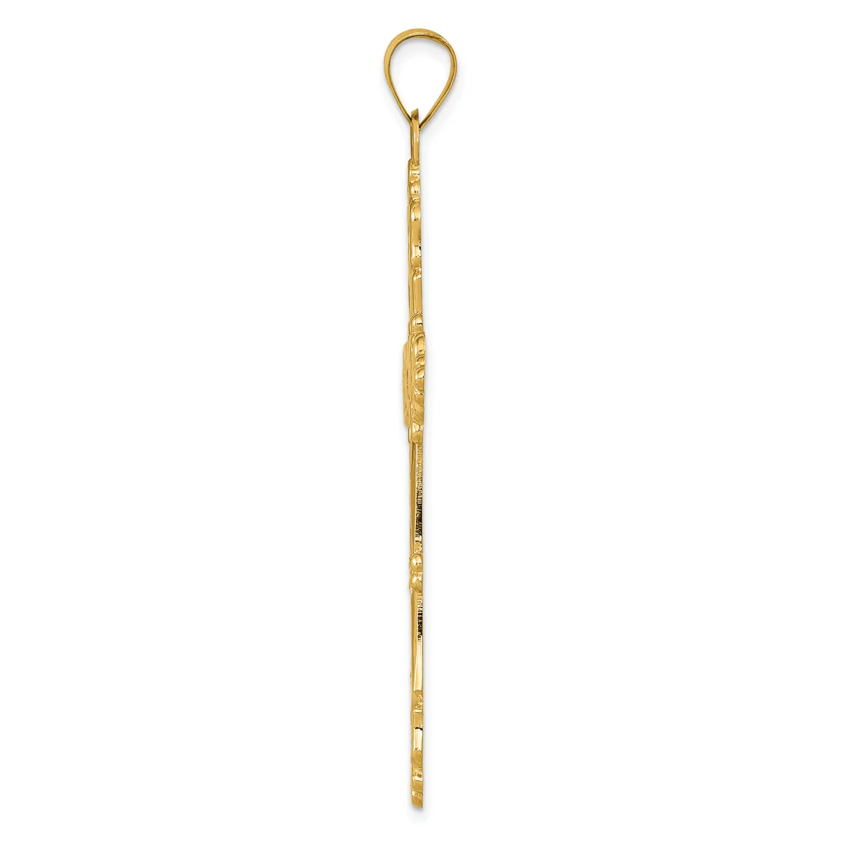 A long, slender gold pendant with decorative etched details along its length and a loop attachment at the top.
