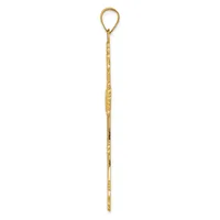 A long, slender gold pendant with decorative etched details along its length and a loop attachment at the top.