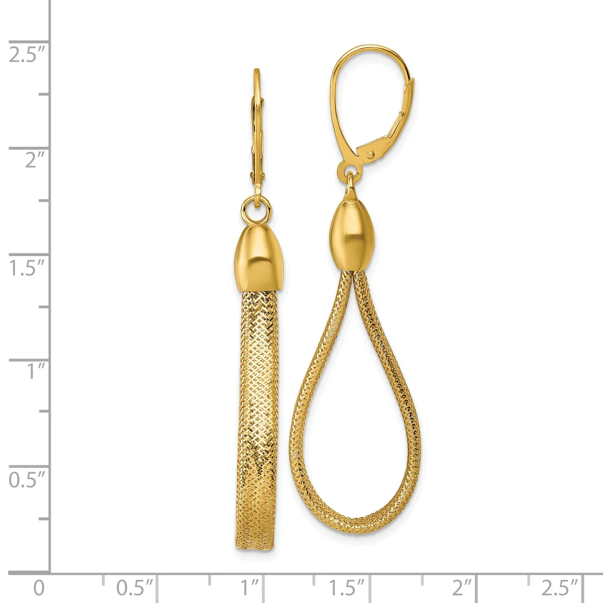 A pair of gold-colored drop earrings with mesh-textured cylindrical tops and dangling elements, displayed against a measurement scale.