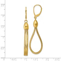 A pair of gold-colored drop earrings with mesh-textured cylindrical tops and dangling elements, displayed against a measurement scale.
