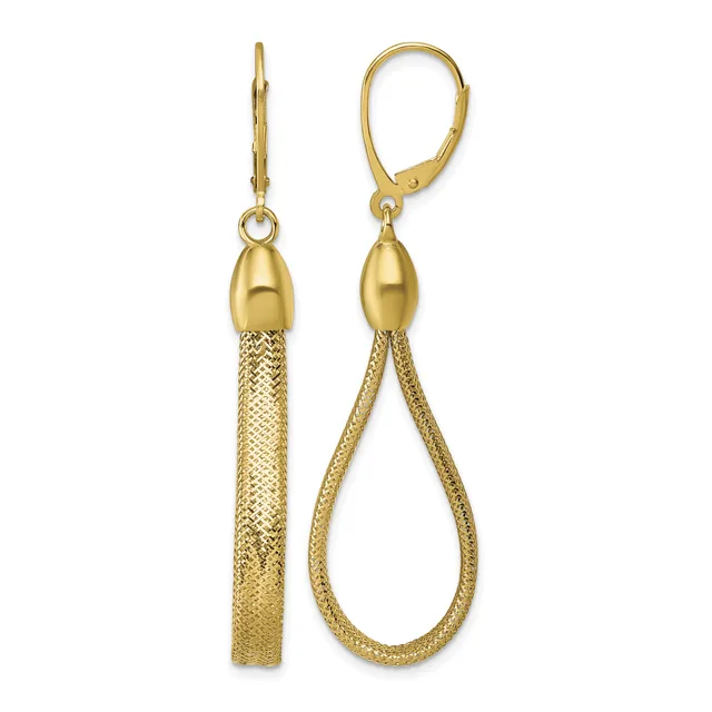 A pair of gold teardrop earrings with textured mesh tassel details, shown from front and side views with leverback closures.