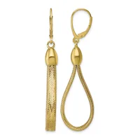 A pair of gold teardrop earrings with textured mesh tassel details, shown from front and side views with leverback closures.