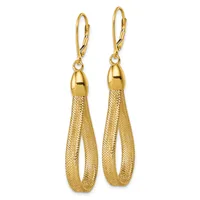 A pair of gold teardrop earrings with textured mesh surfaces and polished caps, suspended from lever-back ear wires.