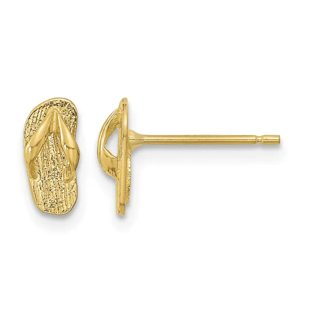 Pair of gold flip-flop shaped stud earrings with textured surfaces, shown from front and side views on posts.