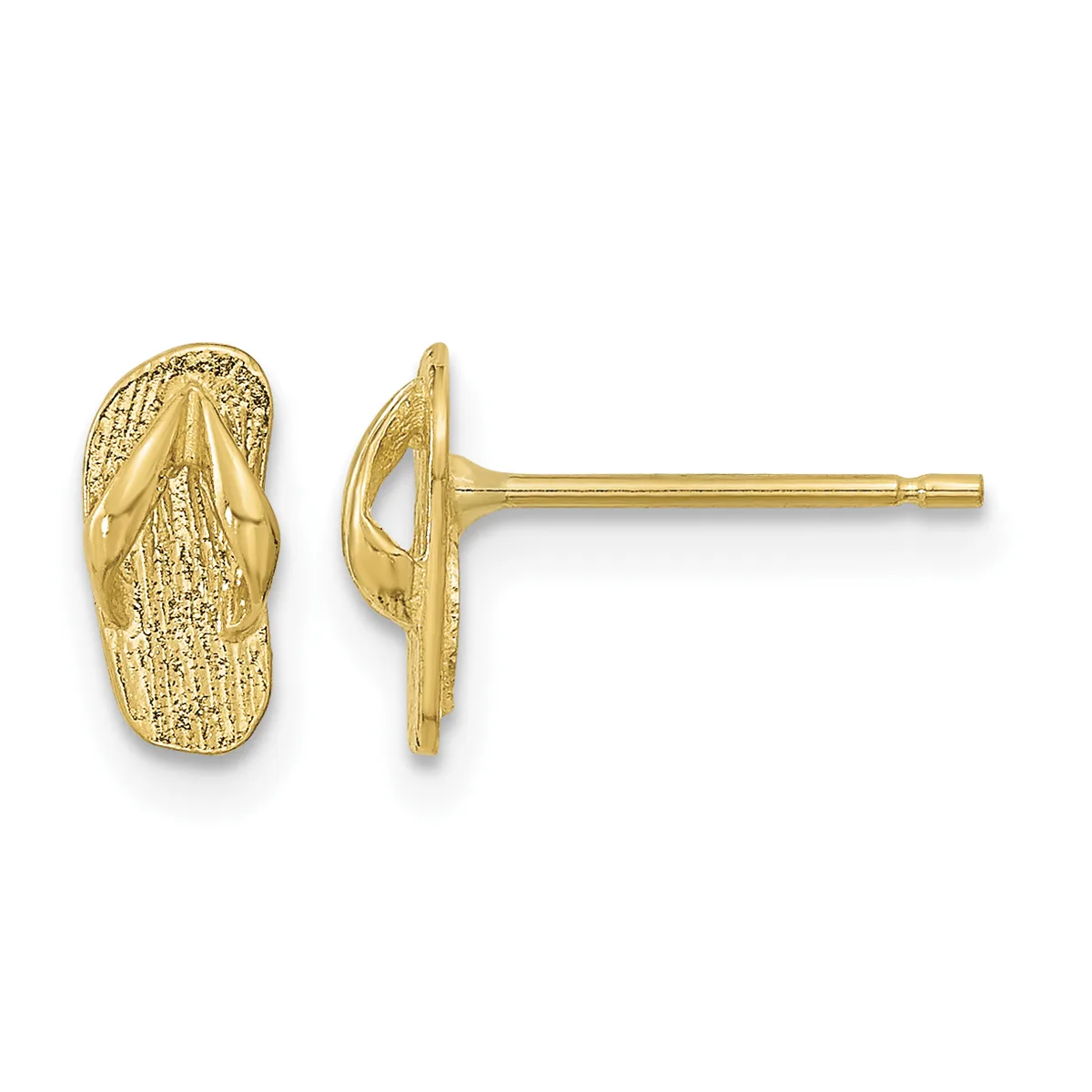 Pair of gold flip-flop shaped stud earrings with textured surfaces, shown from front and side views on posts.