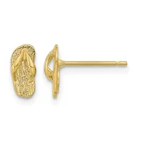 Pair of gold flip-flop shaped stud earrings with textured surfaces, shown from front and side views on posts.
