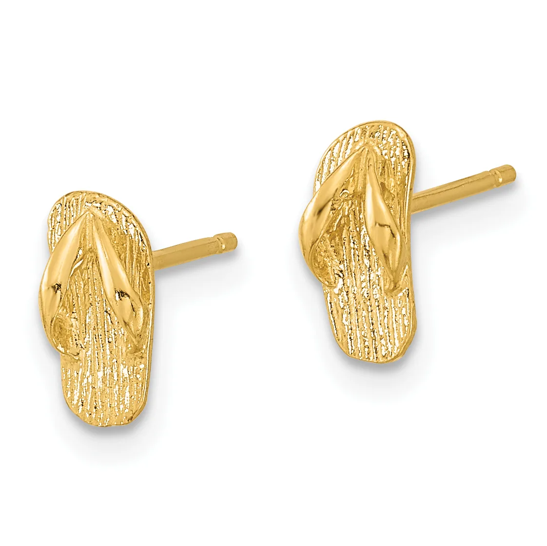 Pair of gold flip-flop shaped stud earrings with textured finish and post backs, shown from the front.
