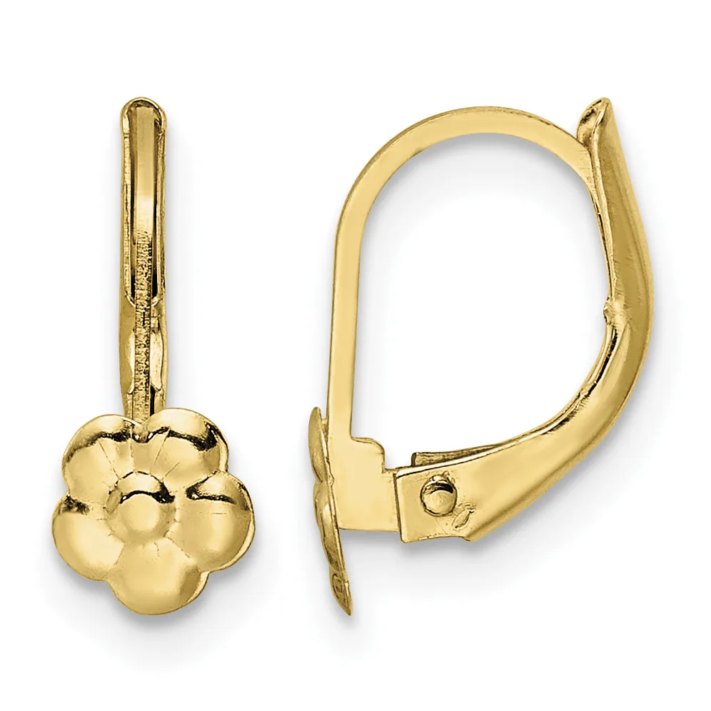 Pair of gold-colored leverback earrings with small four-petal flower charms hanging from elongated posts.
